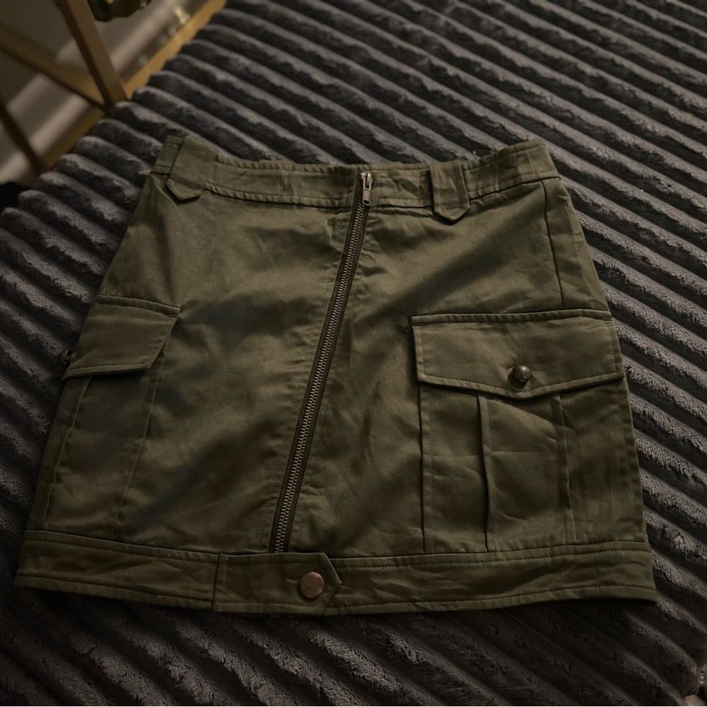 Olive Green Mini Skirt with Front Zipper